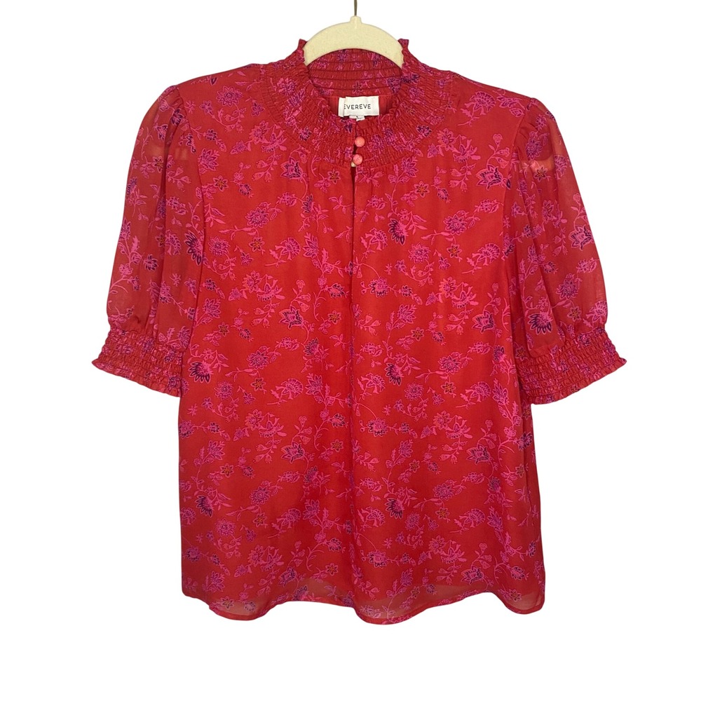 Evereve Red Floral Smocked Mock Neck Half Sleeve Blouse Small